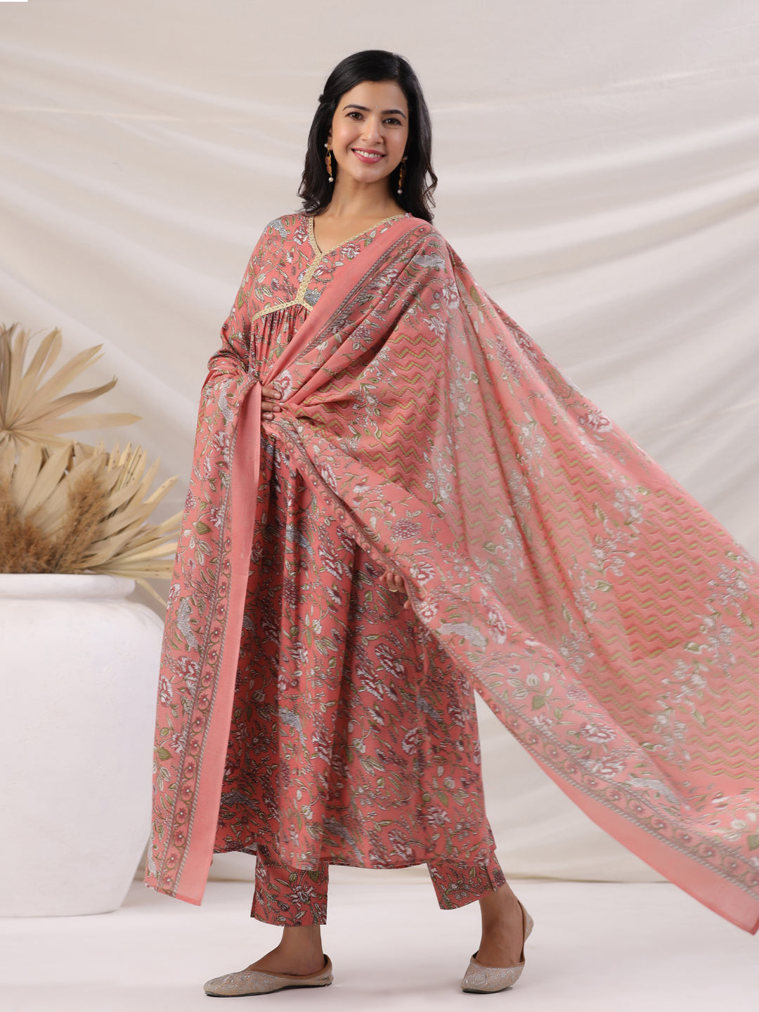 Janasya Pleated Poly Cotton Peach Floral V-Neck Kurta,Bottom & Dupatta - Swadesiicart