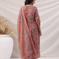 Janasya Pleated Poly Cotton Peach Floral V-Neck Kurta,Bottom & Dupatta - Swadesiicart