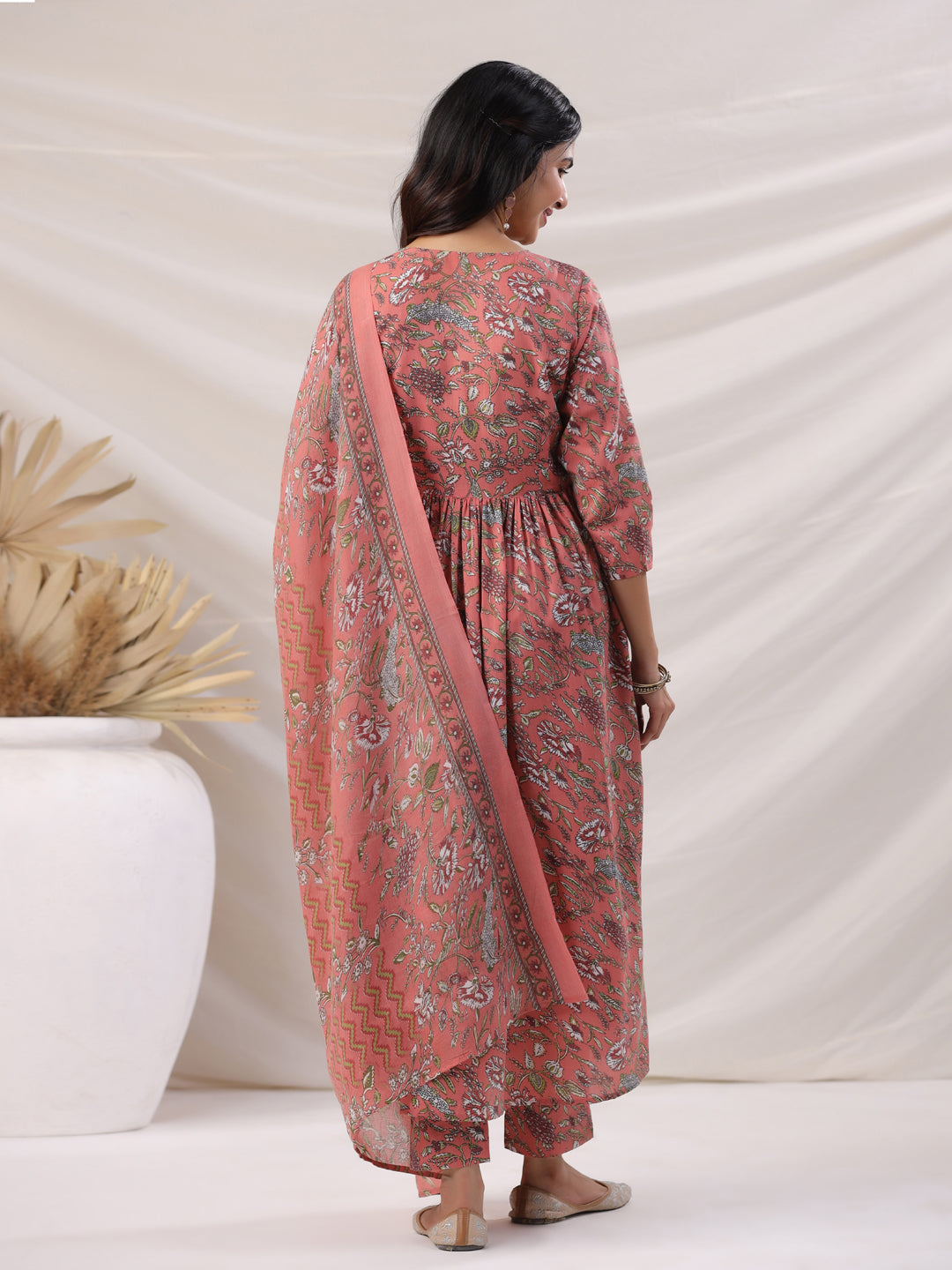 Janasya Pleated Poly Cotton Peach Floral V-Neck Kurta,Bottom & Dupatta - Swadesiicart