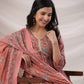 Janasya Pleated Poly Cotton Peach Floral V-Neck Kurta,Bottom & Dupatta - Swadesiicart