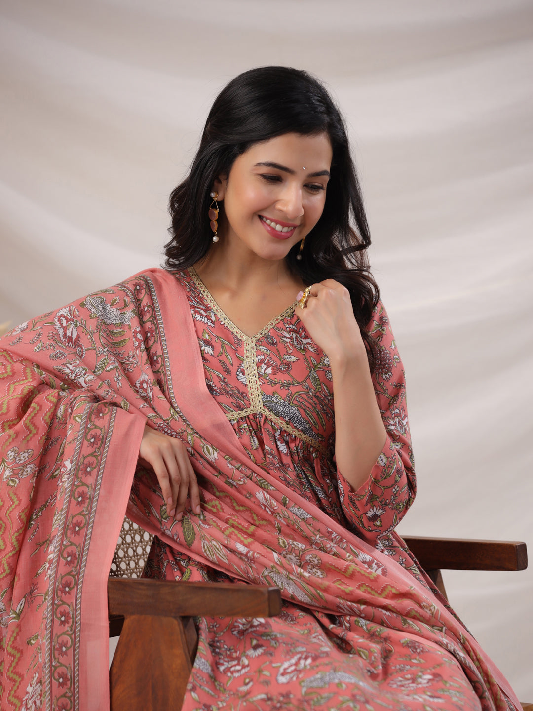 Janasya Pleated Poly Cotton Peach Floral V-Neck Kurta,Bottom & Dupatta - Swadesiicart
