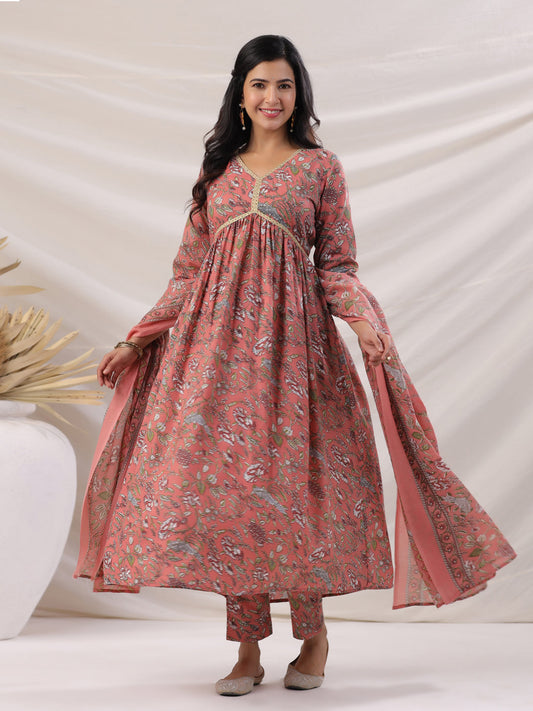 Janasya Pleated Poly Cotton Peach Floral V-Neck Kurta,Bottom & Dupatta - Swadesiicart