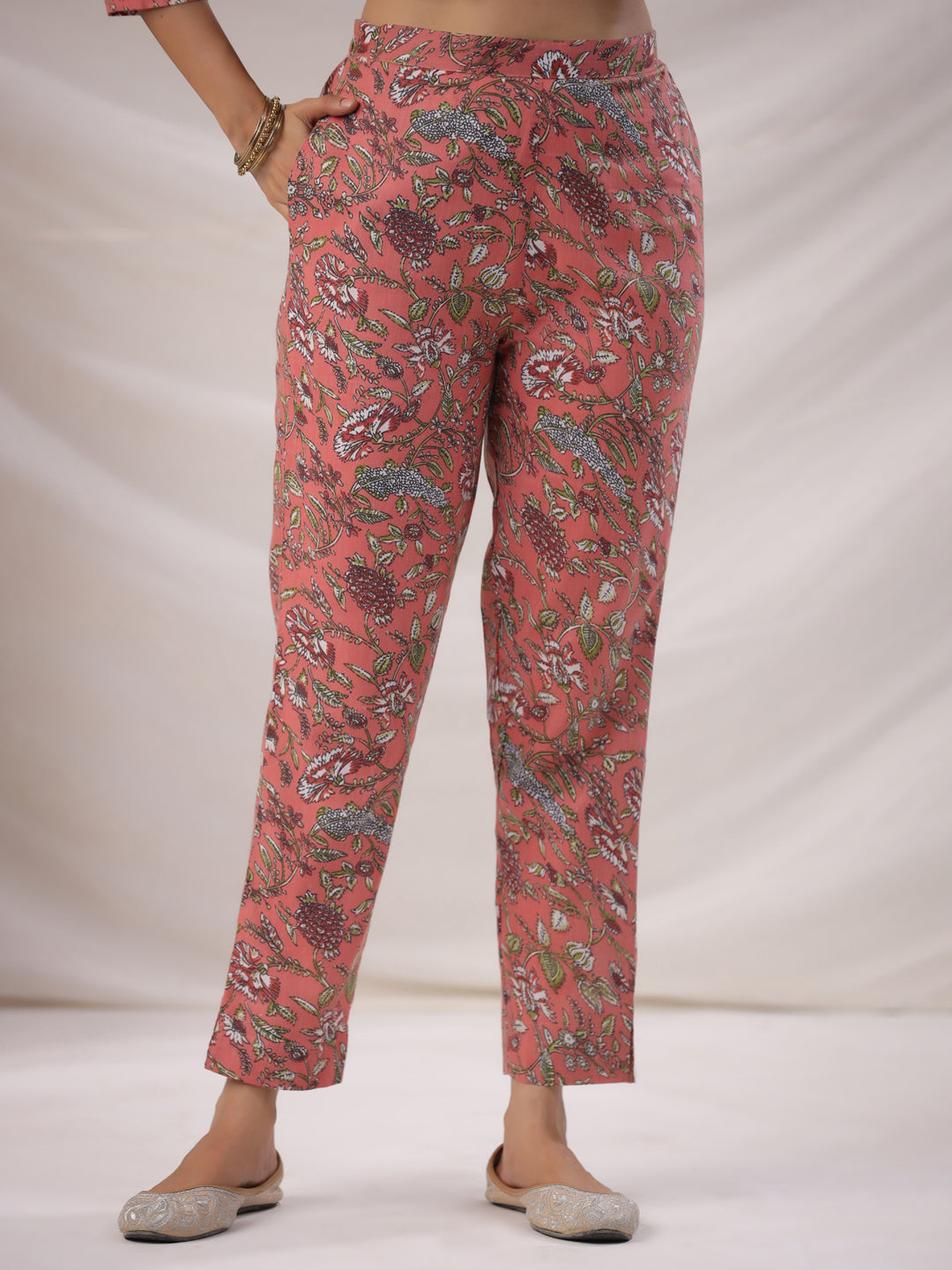 Janasya Pleated Poly Cotton Peach Floral V-Neck Kurta,Bottom & Dupatta - Swadesiicart