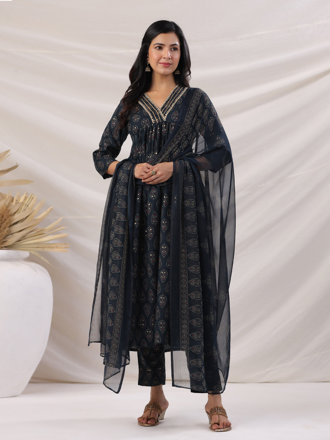 Janasya Pleated Biscuit Slub Teal Ethnic Motifs V-Neck Kurta,Bottom & Dupatta - Swadesiicart