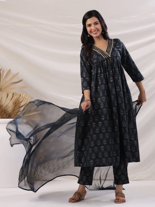 Janasya Pleated Biscuit Slub Teal Ethnic Motifs V-Neck Kurta,Bottom & Dupatta - Swadesiicart