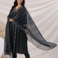 Janasya Pleated Biscuit Slub Teal Ethnic Motifs V-Neck Kurta,Bottom & Dupatta - Swadesiicart