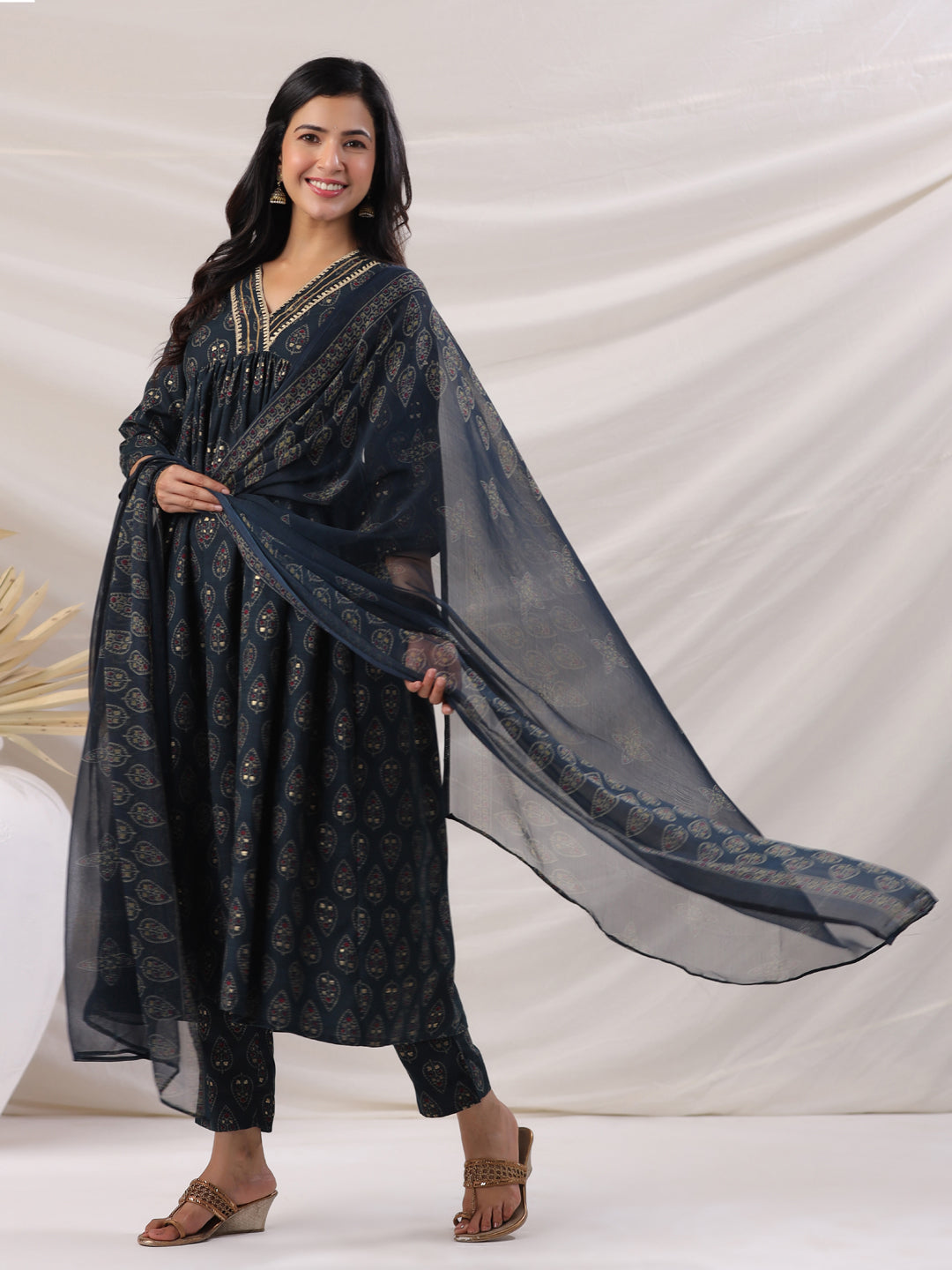 Janasya Pleated Biscuit Slub Teal Ethnic Motifs V-Neck Kurta,Bottom & Dupatta - Swadesiicart