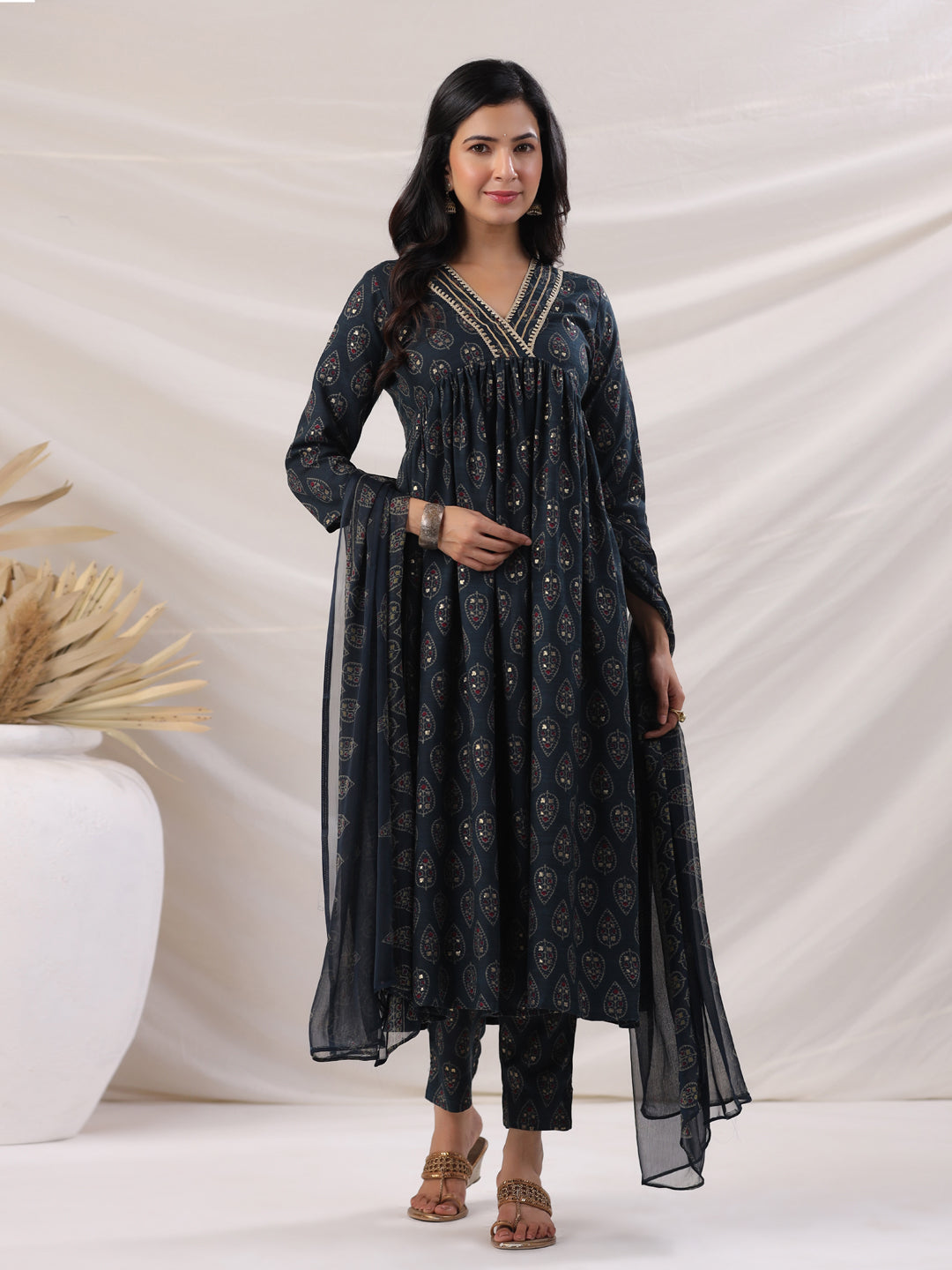 Janasya Pleated Biscuit Slub Teal Ethnic Motifs V-Neck Kurta,Bottom & Dupatta - Swadesiicart