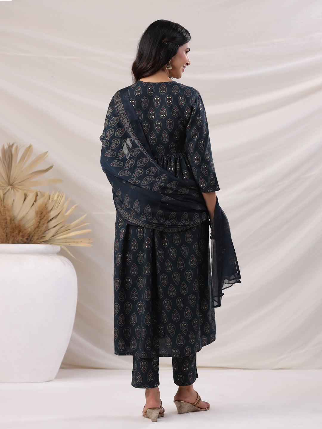 Janasya Pleated Biscuit Slub Teal Ethnic Motifs V-Neck Kurta,Bottom & Dupatta - Swadesiicart