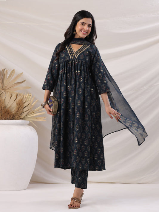 Janasya Pleated Biscuit Slub Teal Ethnic Motifs V-Neck Kurta,Bottom & Dupatta - Swadesiicart