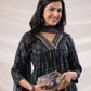 Janasya Pleated Biscuit Slub Teal Ethnic Motifs V-Neck Kurta,Bottom & Dupatta - Swadesiicart
