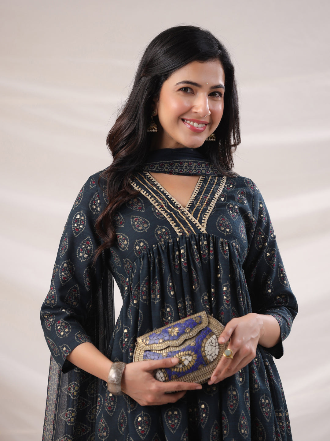 Janasya Pleated Biscuit Slub Teal Ethnic Motifs V-Neck Kurta,Bottom & Dupatta - Swadesiicart