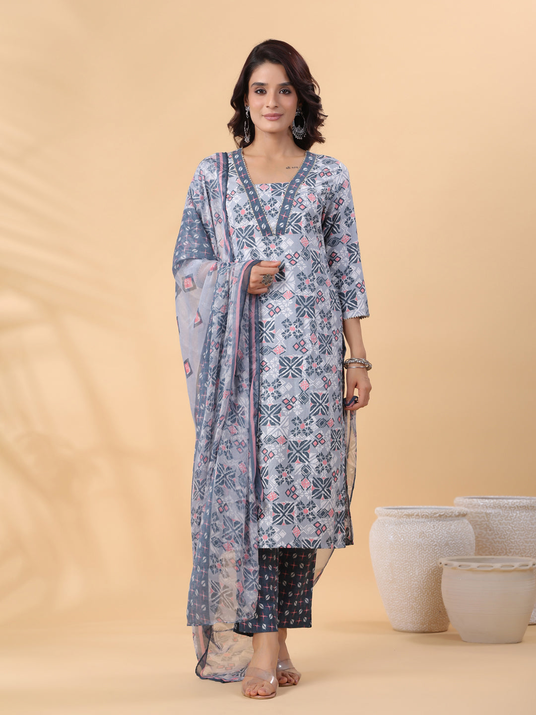Janasya Regular Biscuit Slub Grey Gemometric Square Neck Kurta,Bottom & Dupatta - Swadesiicart