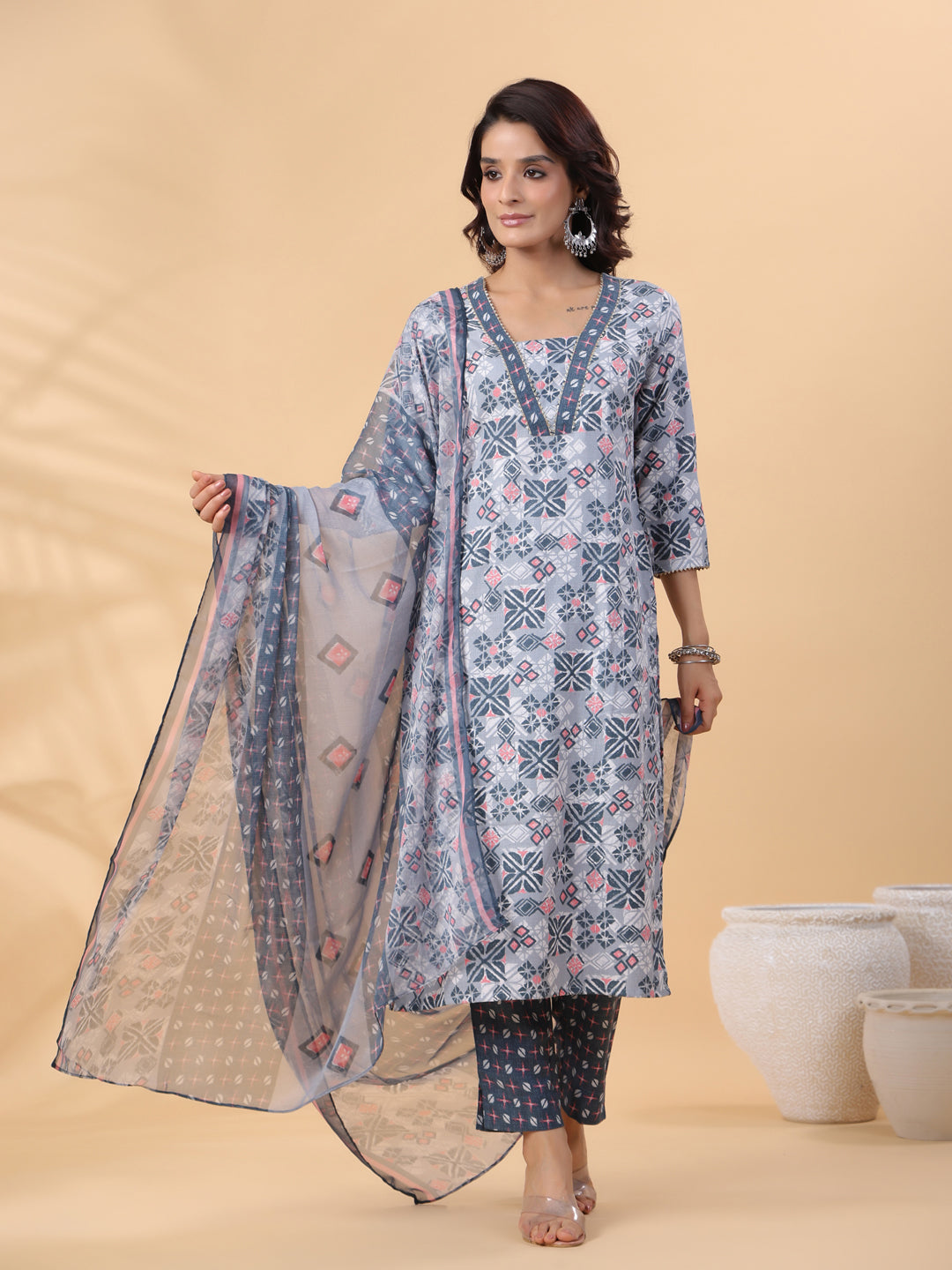 Janasya Regular Biscuit Slub Grey Gemometric Square Neck Kurta,Bottom & Dupatta - Swadesiicart