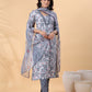Janasya Regular Biscuit Slub Grey Gemometric Square Neck Kurta,Bottom & Dupatta - Swadesiicart