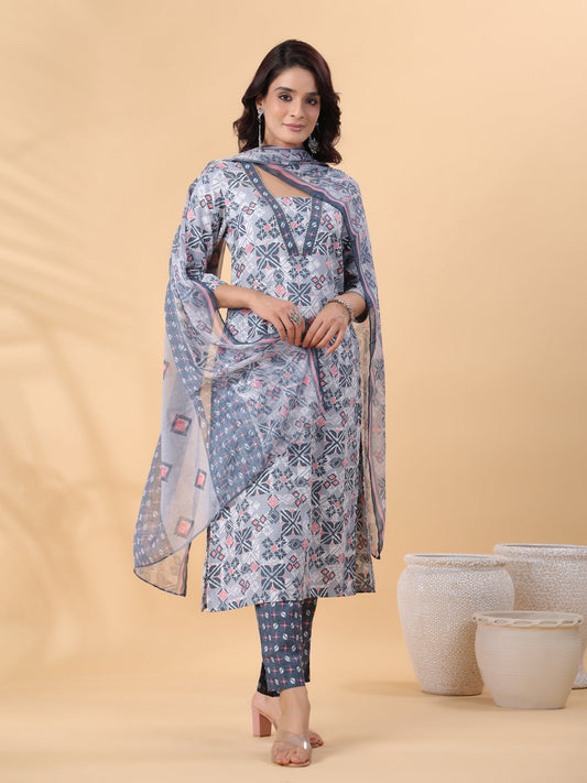 Janasya Regular Biscuit Slub Grey Gemometric Square Neck Kurta,Bottom & Dupatta - Swadesiicart