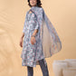 Janasya Regular Biscuit Slub Grey Gemometric Square Neck Kurta,Bottom & Dupatta - Swadesiicart