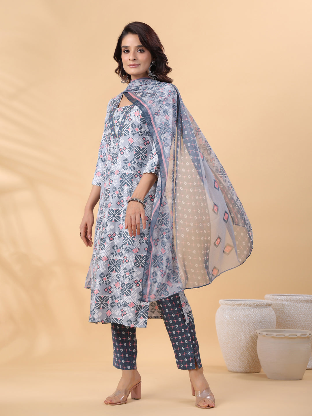 Janasya Regular Biscuit Slub Grey Gemometric Square Neck Kurta,Bottom & Dupatta - Swadesiicart
