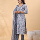 Janasya Regular Biscuit Slub Grey Gemometric Square Neck Kurta,Bottom & Dupatta - Swadesiicart