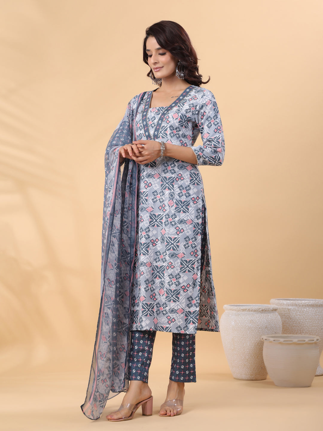 Janasya Regular Biscuit Slub Grey Gemometric Square Neck Kurta,Bottom & Dupatta - Swadesiicart