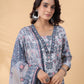 Janasya Regular Biscuit Slub Grey Gemometric Square Neck Kurta,Bottom & Dupatta - Swadesiicart