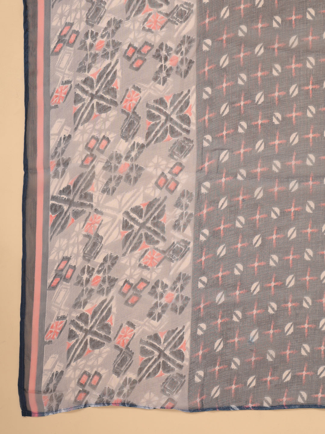 Janasya Regular Biscuit Slub Grey Gemometric Square Neck Kurta,Bottom & Dupatta - Swadesiicart