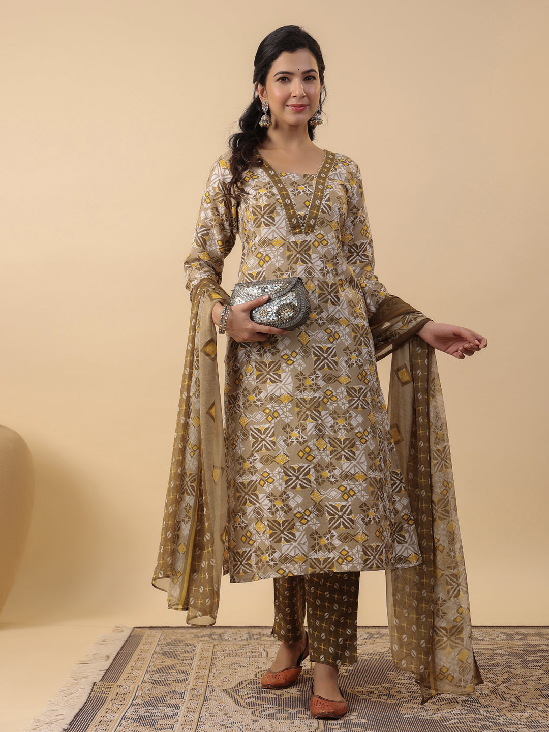 Janasya Regular Biscuit Slub Beige Gemometric Square Neck Kurta,Bottom & Dupatta - Swadesiicart
