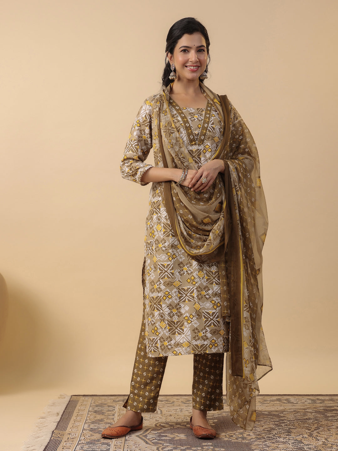 Janasya Regular Biscuit Slub Beige Gemometric Square Neck Kurta,Bottom & Dupatta - Swadesiicart