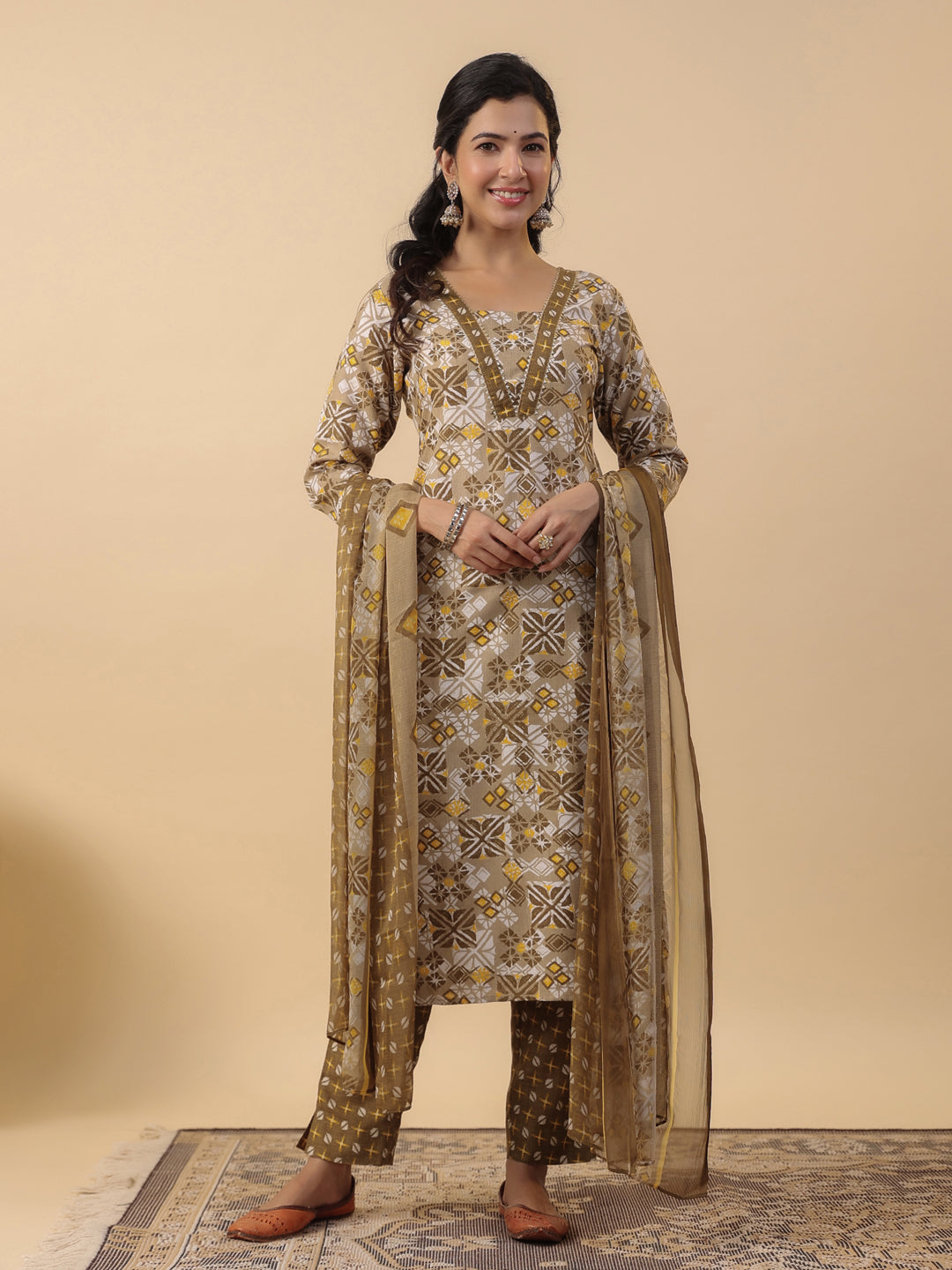 Janasya Regular Biscuit Slub Beige Gemometric Square Neck Kurta,Bottom & Dupatta - Swadesiicart