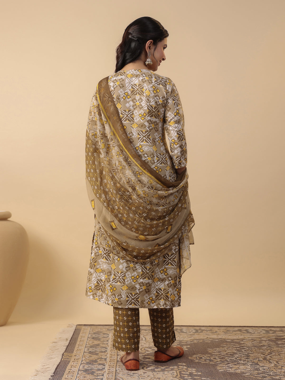 Janasya Regular Biscuit Slub Beige Gemometric Square Neck Kurta,Bottom & Dupatta - Swadesiicart
