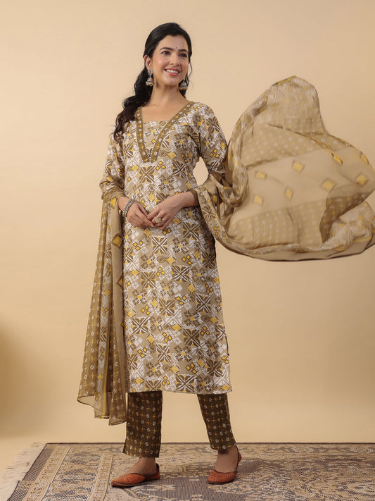 Janasya Regular Biscuit Slub Beige Gemometric Square Neck Kurta,Bottom & Dupatta - Swadesiicart