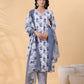 Janasya Regular Magics Slub White Floral V-Neck Kurta,Bottom & Dupatta | Swadesiicart