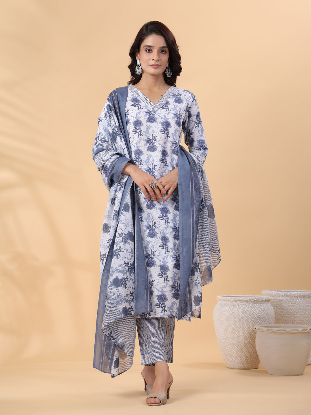 Janasya Regular Magics Slub White Floral V-Neck Kurta,Bottom & Dupatta | Swadesiicart