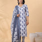 Janasya Regular Magics Slub White Floral V-Neck Kurta,Bottom & Dupatta | Swadesiicart