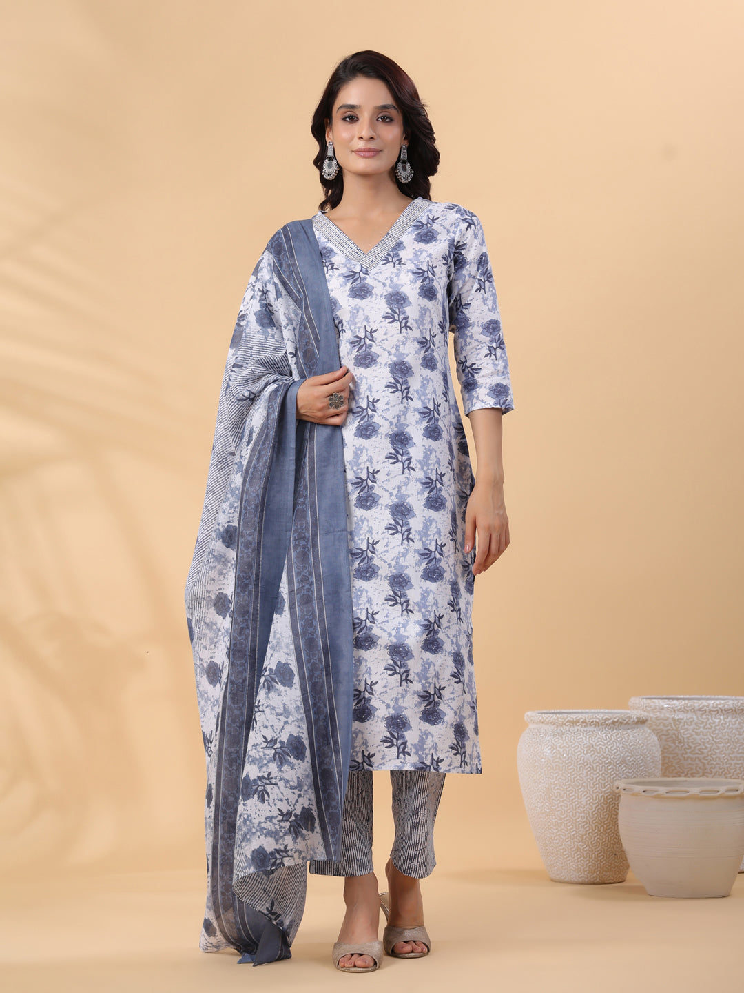 Janasya Regular Magics Slub White Floral V-Neck Kurta,Bottom & Dupatta | Swadesiicart