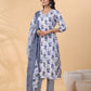 Janasya Regular Magics Slub White Floral V-Neck Kurta,Bottom & Dupatta | Swadesiicart
