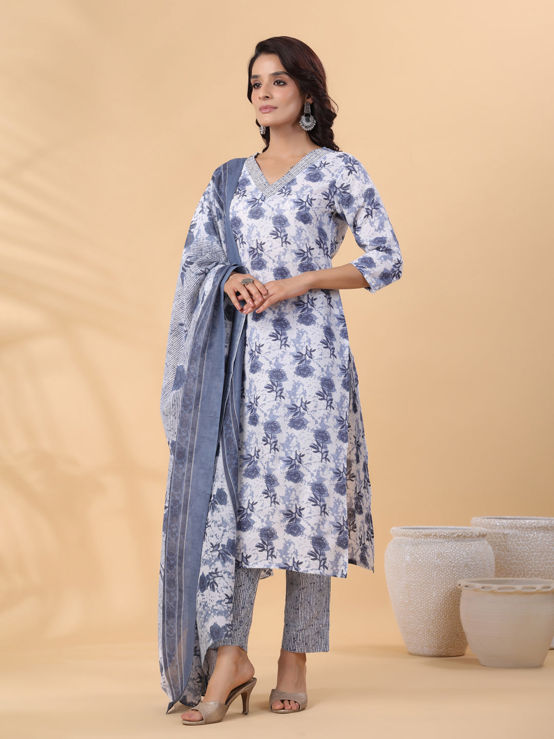 Janasya Regular Magics Slub White Floral V-Neck Kurta,Bottom & Dupatta | Swadesiicart