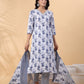 Janasya Regular Magics Slub White Floral V-Neck Kurta,Bottom & Dupatta | Swadesiicart
