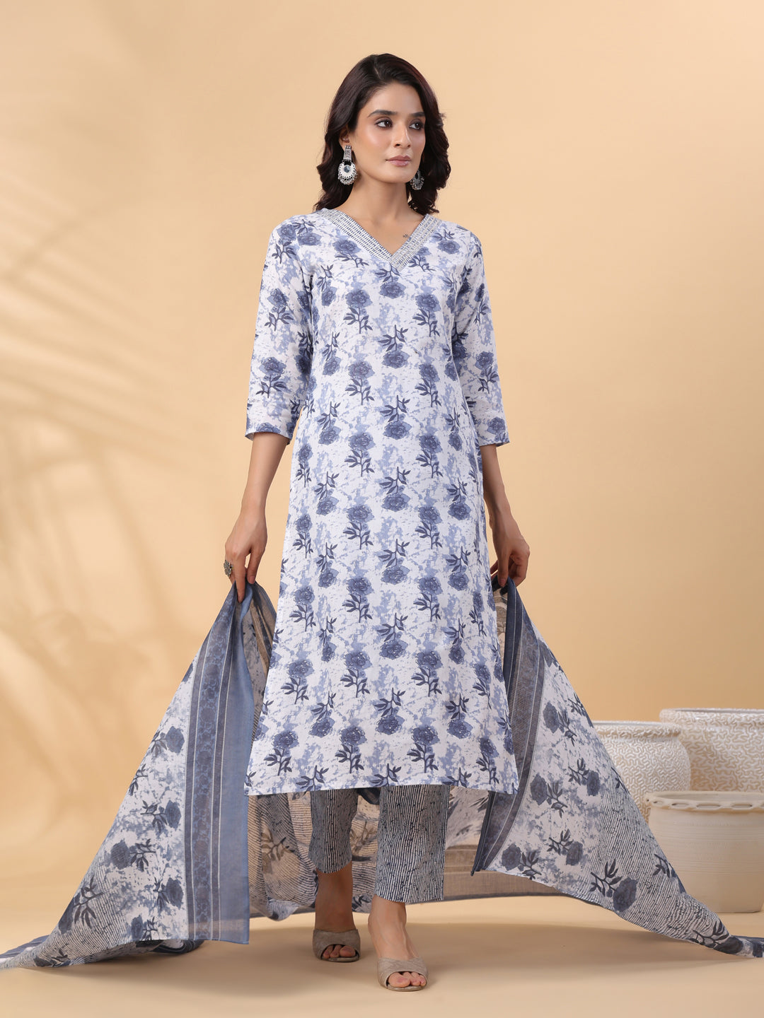 Janasya Regular Magics Slub White Floral V-Neck Kurta,Bottom & Dupatta | Swadesiicart