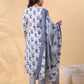 Janasya Regular Magics Slub White Floral V-Neck Kurta,Bottom & Dupatta | Swadesiicart