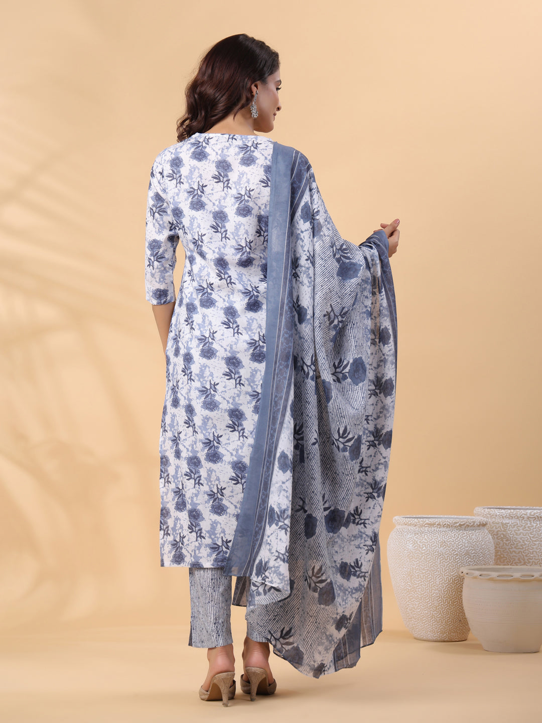Janasya Regular Magics Slub White Floral V-Neck Kurta,Bottom & Dupatta | Swadesiicart