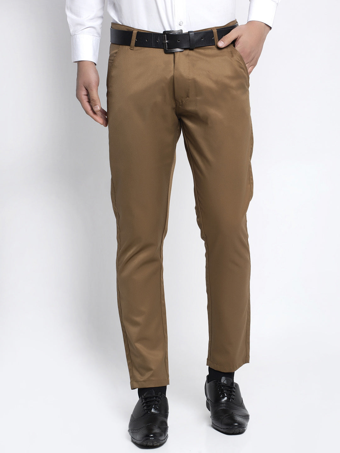 Jainish Men's Brown Tapered Fit Formal Trousers | Swadesiicart