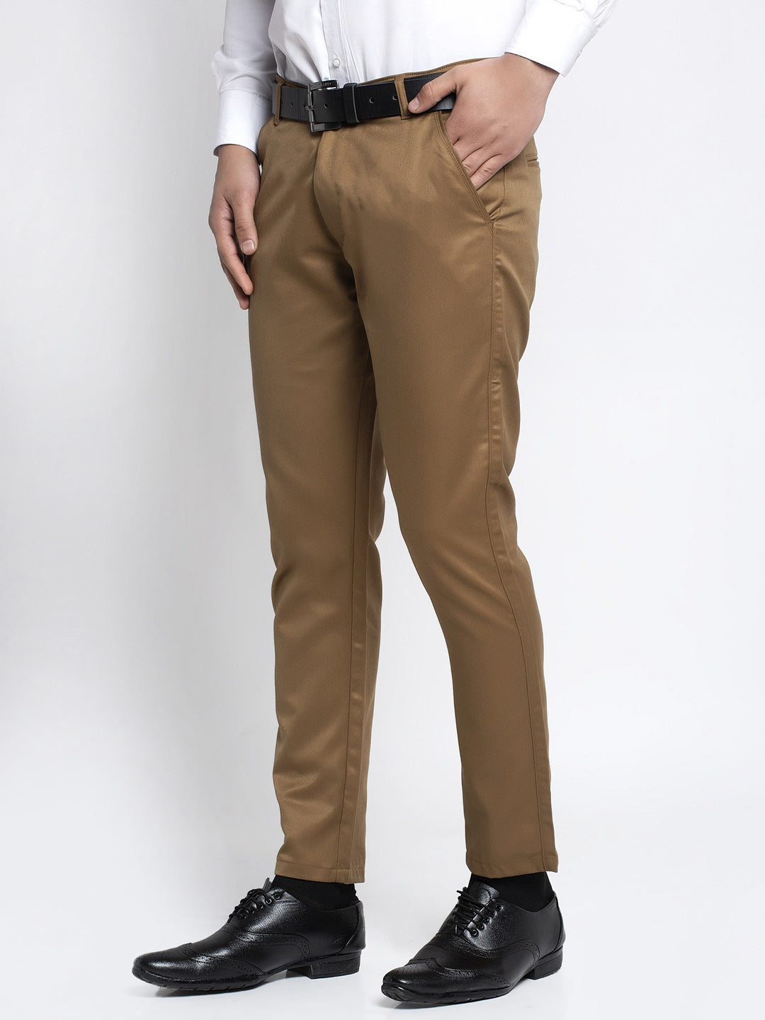 Jainish Men's Brown Tapered Fit Formal Trousers | Swadesiicart
