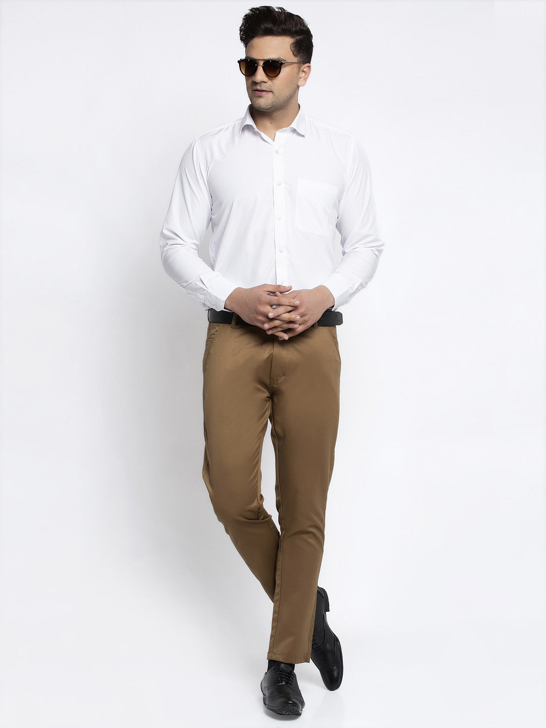 Jainish Men's Brown Tapered Fit Formal Trousers | Swadesiicart