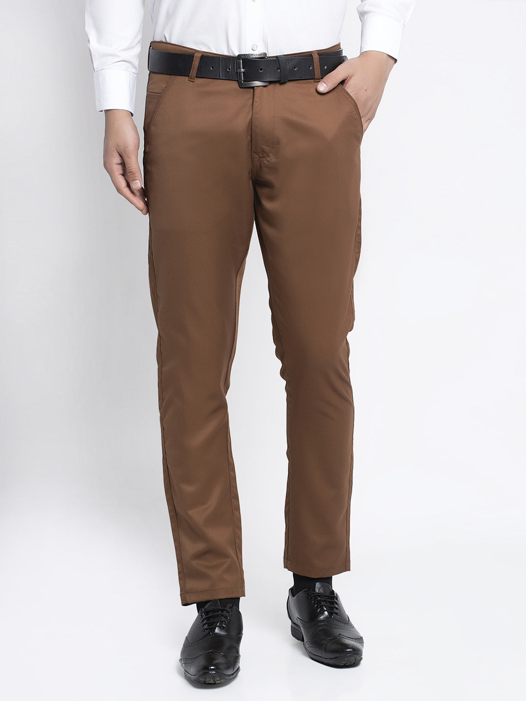 Jainish Men's Brown Tapered Fit Formal Trousers | Swadesiicart