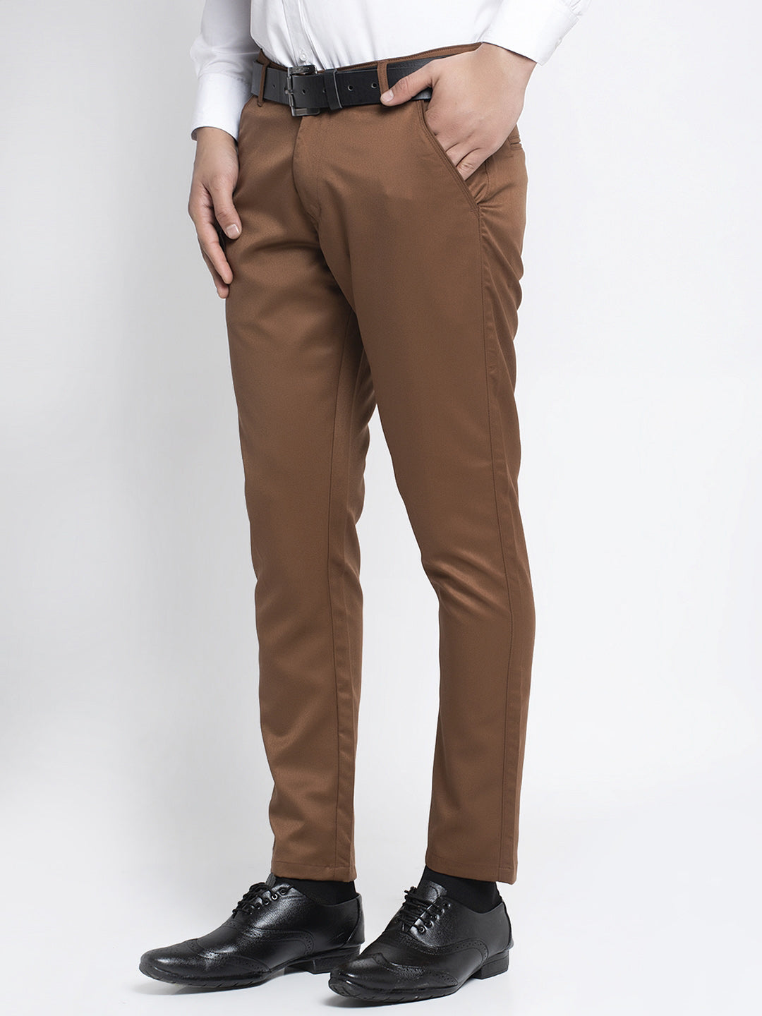 Jainish Men's Brown Tapered Fit Formal Trousers | Swadesiicart