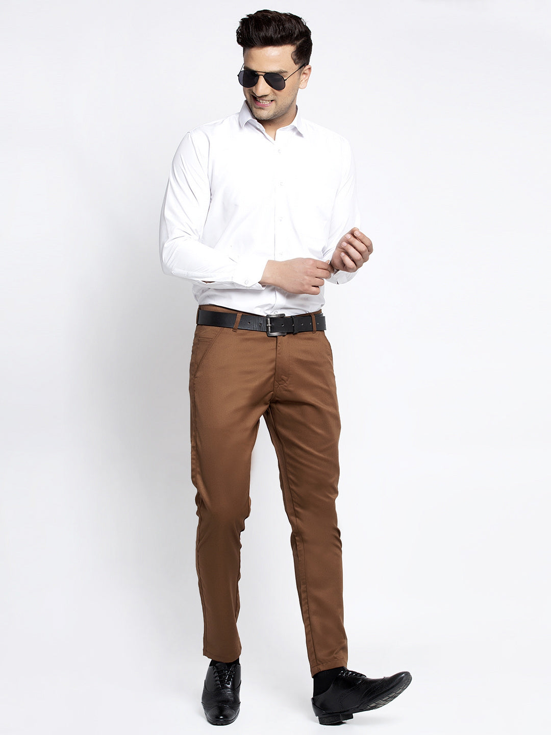 Jainish Men's Brown Tapered Fit Formal Trousers | Swadesiicart