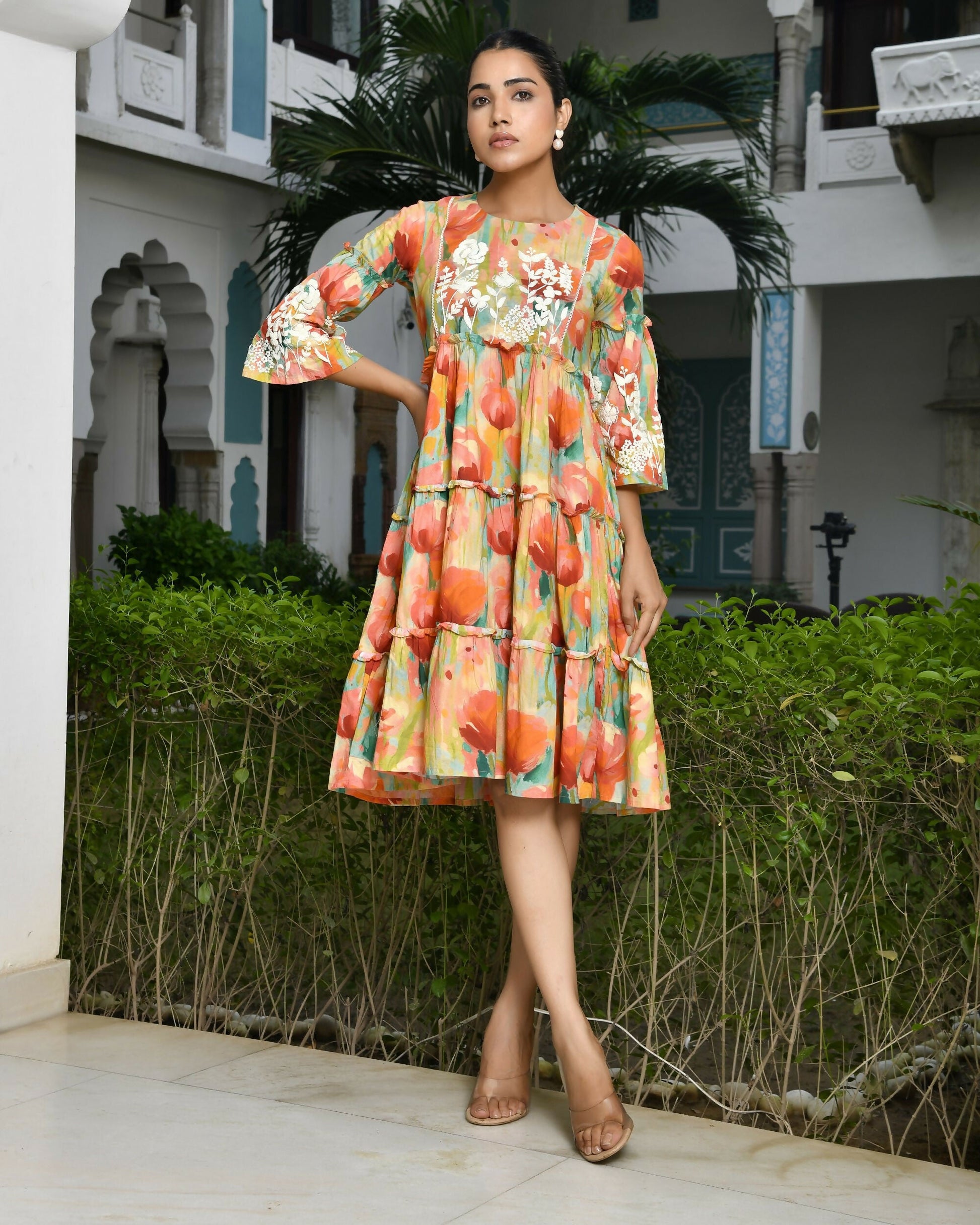 Vaasva Women's Orange Cotton Embroidered& Digital Printed Dress | Swadesiicart