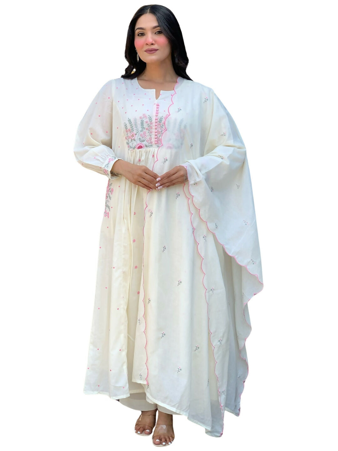 The52 White Women's Beautiful Cotton Fabric Thread Work Straight Kurta Pant and Dupatta Set - Swadesiicart