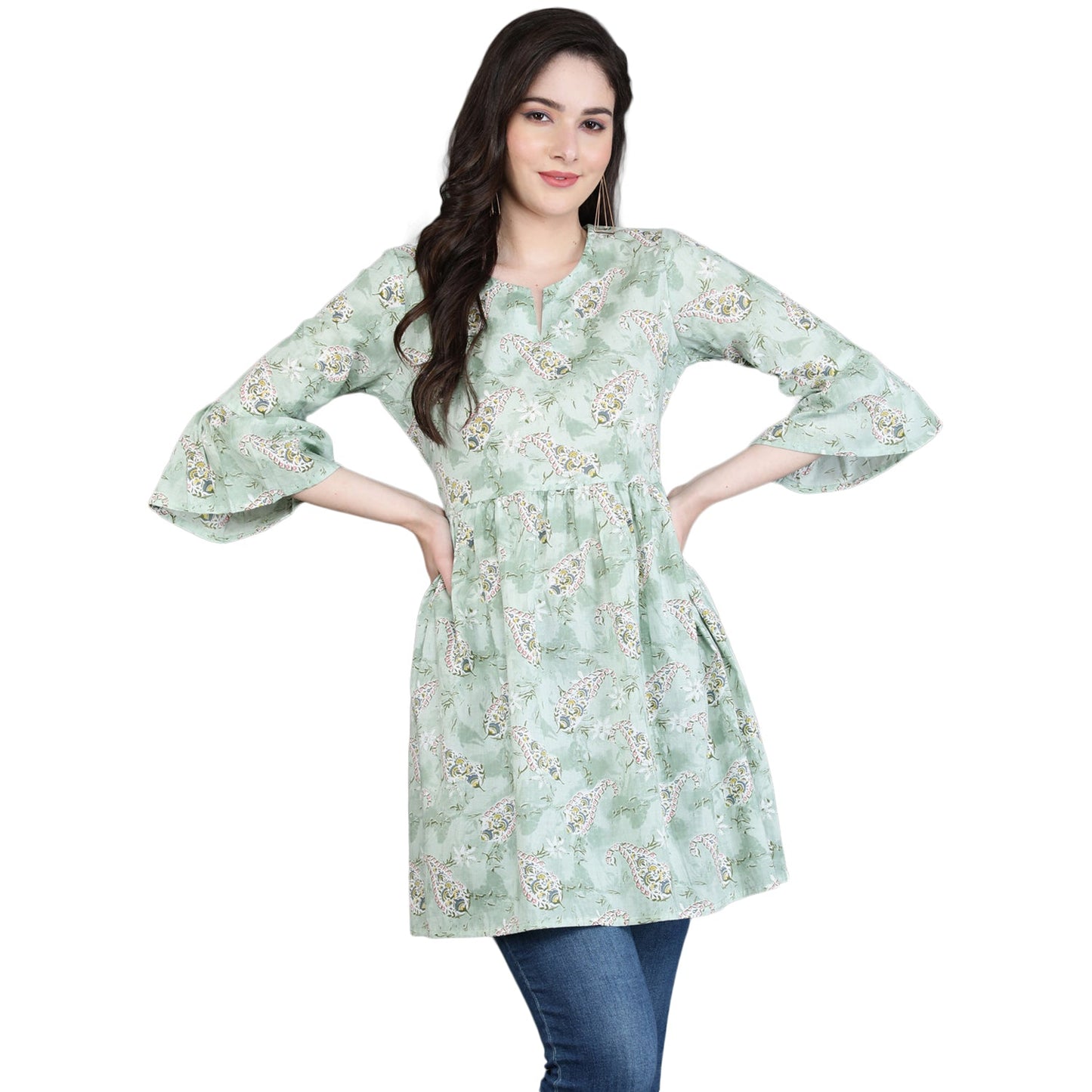 Antaran Green Pure Cotton Printed Tunic - Swadesiicart
